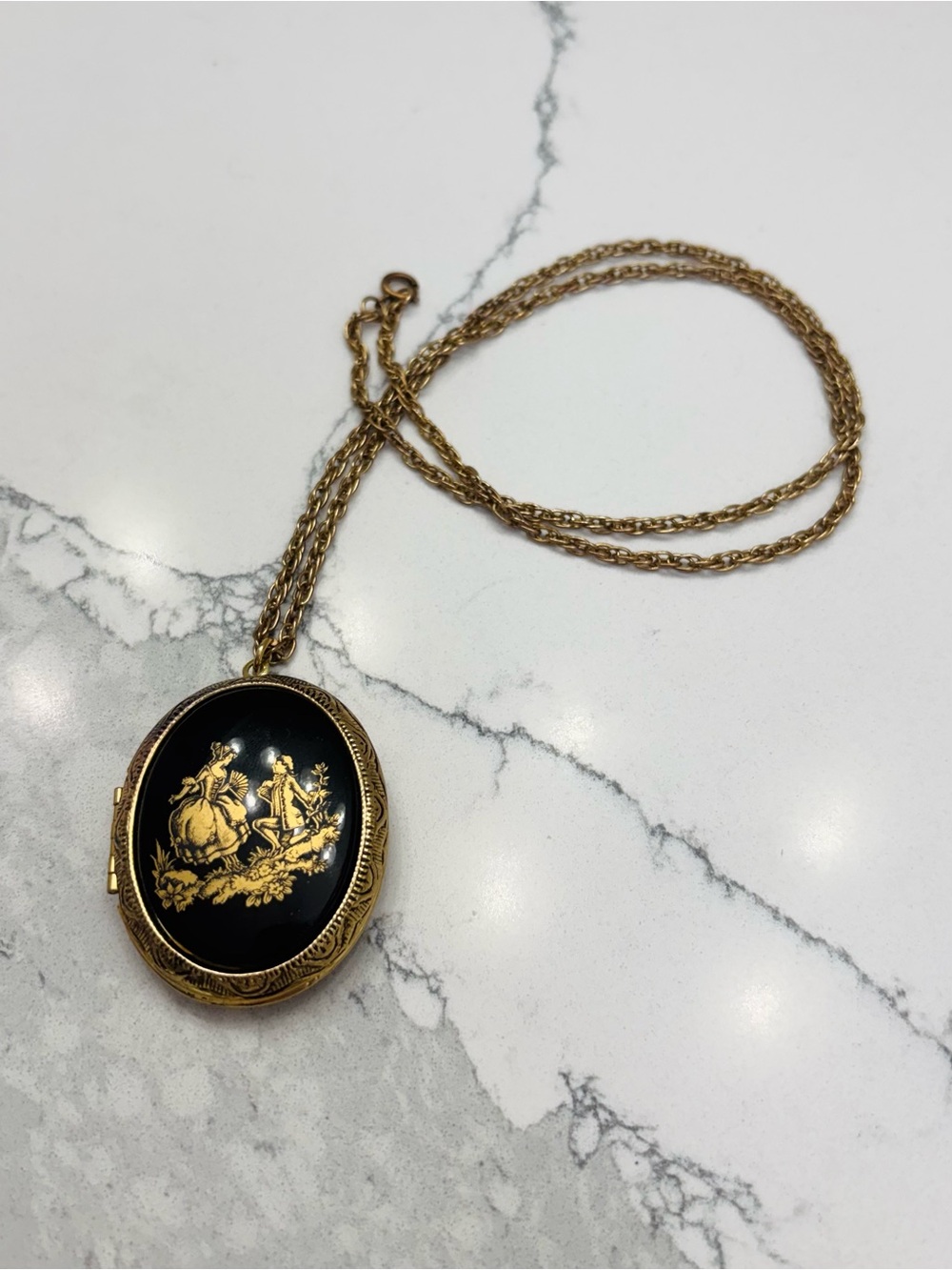 Vintage Limoges Gold Tone Black Enamel Locket Necklace, 12“ Drop